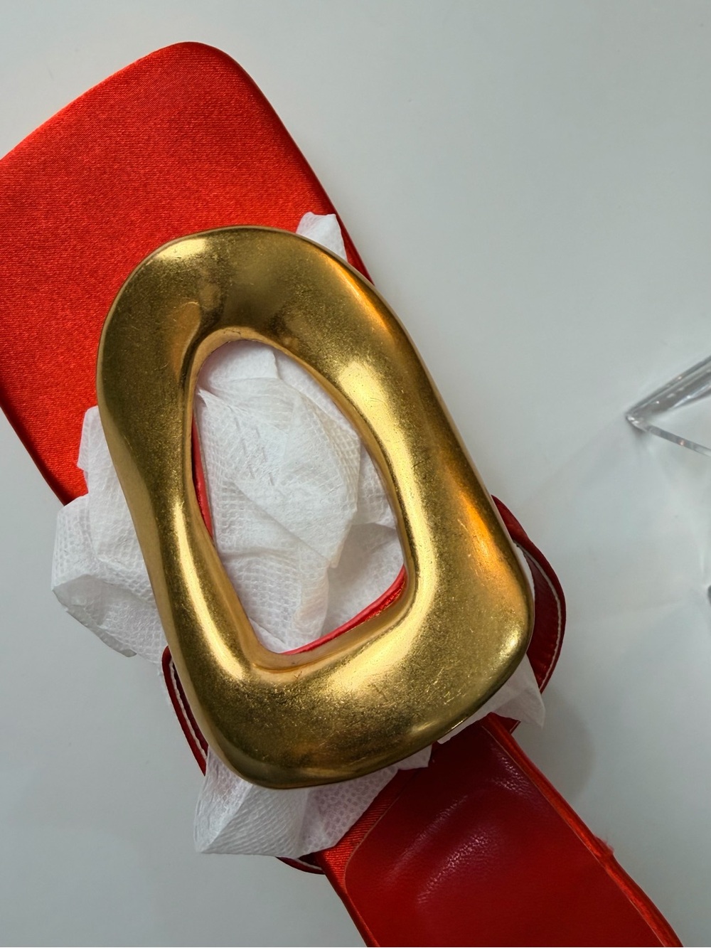 Red Satin Gold Buckle Clear Heel Mule Sandals Size 7 - Picture 4 of 5